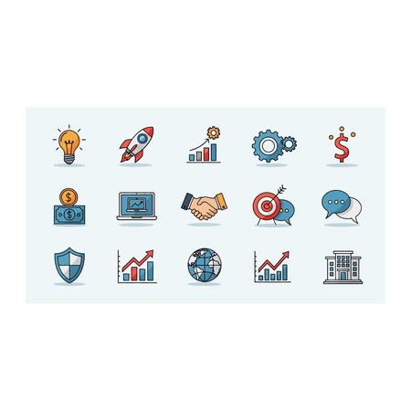 A concise collection of pixel-style icons representing business, finance, startup, and growth...