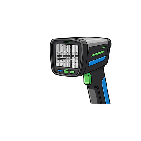 A modern handheld barcode scanner device featuring a digital screen displaying data and various...