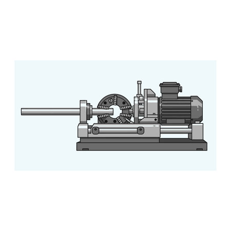 A detailed technical illustration of an industrial lathe machine in a grayscale palette, showcasing...