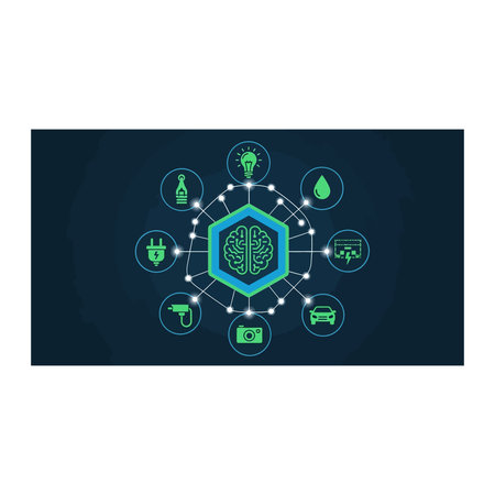 A digital illustration featuring a central brain icon within a hexagon, surrounded by interconnected...