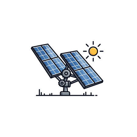 A simple flat design illustration shows two solar panels angled towards a bright yellow sun. The...