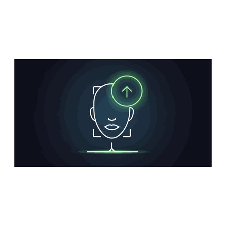 A digital icon depicts a human face outline within a scanning frame, indicating biometric...