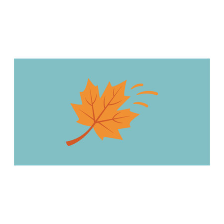 A stylized autumn leaf with orange and red hues is depicted falling against a solid light blue...