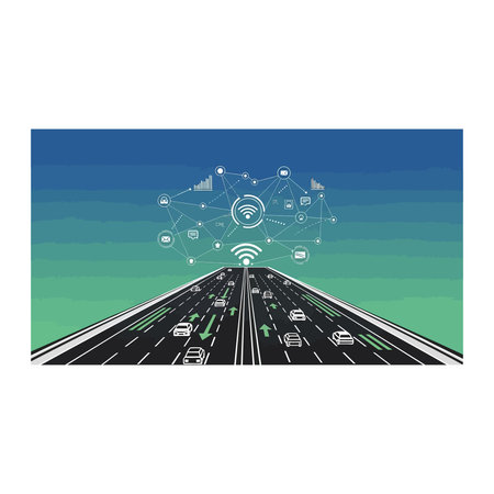 An isometric illustration of a highway with cars and a hovering network of connected data points,...