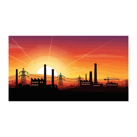 Digital illustration of an industrial factory complex silhouette against a vibrant sunset sky, with power lines and smokestacks visible. Pixel art style, Pixel art style, Complex, Against, Sky, Redのイラスト素材