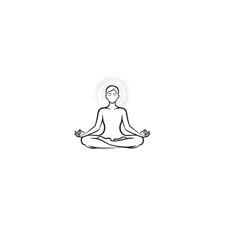 A simple line art illustration of a person meditating in the lotus position, with hands in a mudra gesture. Rendered in black and white on a white background, Rendered in black and white on a whiteのイラスト素材
