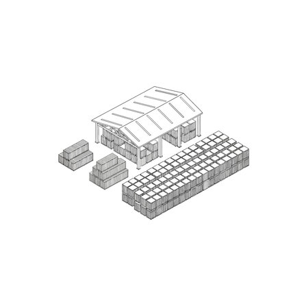 A black and white isometric line drawing showing an open warehouse building with large stacks of shipping crates and pallets organized on the ground. Perfect for logistics and storage themes, Blackのイラスト素材