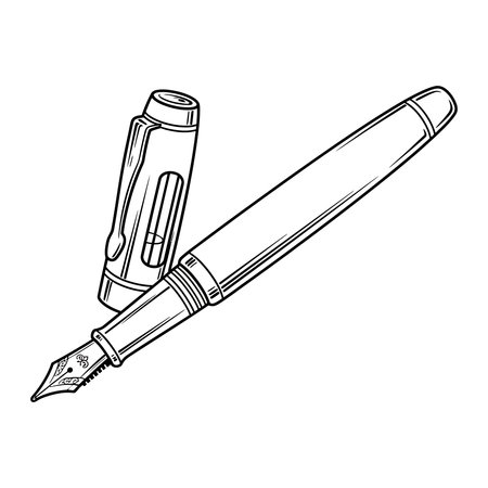 A detailed black and white line art illustration of an open fountain pen, showing its nib, ready for creative writing and artistic work, Detailed, Its, Nib, Line, Work, Black, Ready, Design, Art, Inkのイラスト素材