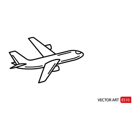 Clean black line drawing commercial passenger airplane mid flight isolated white background, Black, Mid, Line, White, Isolated, Passenger, Background, Drawing, Air, Jet, Sky, Plane, Engine, Linearのイラスト素材