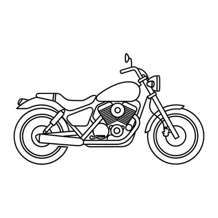 A black and white line art illustration of a classic motorcycle, viewed from the side with detailed engine and wheel elements, Black, White, Background, Viewed, Side, Design, Wheel, Engine, Detailedのイラスト素材