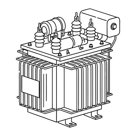 Line art drawing of an electrical power transformer, showing insulators and cooling fins. Represents...