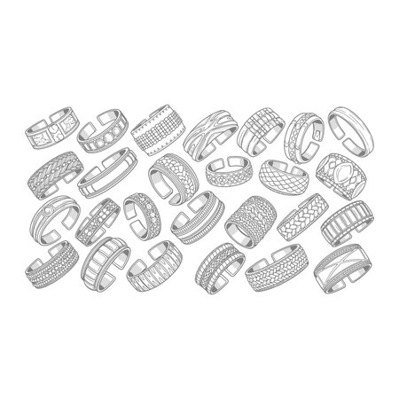 A diverse collection of black and white line art rings, showcasing a variety of styles, widths, and...