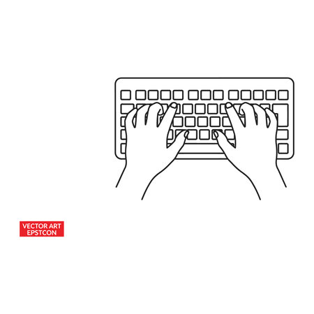 Overhead perspective line art drawing of two hands typing on a computer keyboard. The illustration features a clean, black and white outline style suitable for technology concepts, Overhead perspectivのイラスト素材