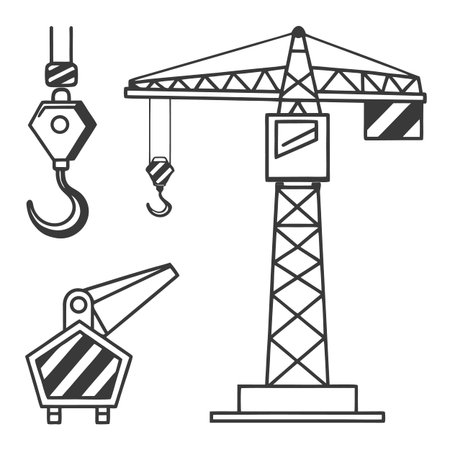 A clear black and white line art illustration featuring a large tower crane, a detailed close-up of a crane hook, and a heavy grabber, symbolizing industrial lifting and construction, Hook, Line, Artのイラスト素材