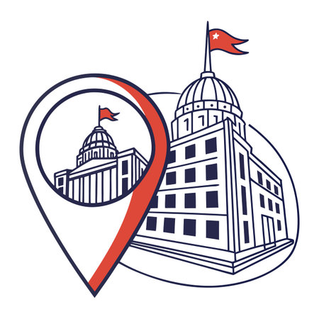 A classic dome-shaped government building or capitol featured within a large red location pin for geographic mapping and site tracking, Classic, Dome, Site, Architecture, Large, Shaped, Within, Cityのイラスト素材