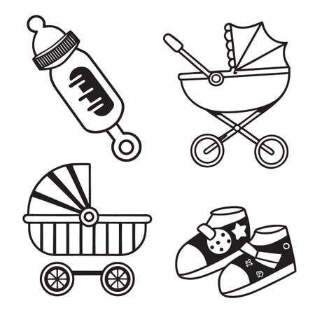 A cute collection of outline icons featuring essential baby items such as a feeding bottle, two types of strollers, and baby shoes, perfect for newborn care, Two, Design, Product, Cute, Such, Itemsのイラスト素材