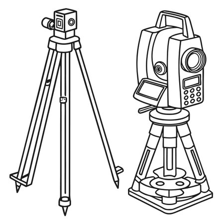 Black and white line illustration of a professional total station theodolite and a surveyor tripod used for geodetic measurement and land surveying in construction and engineering projects, Land, Usedのイラスト素材