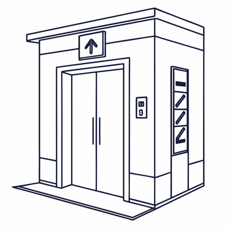 A clean line drawing of a building elevator lobby featuring closed metal doors, a digital floor indicator, and a call button panel, Line, Building, Call, Architecture, Interior, Urban, Floor, Lobbyのイラスト素材