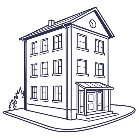 A clean line art illustration of a multi-story residential building with and an entrance porch on a landscaped plot, Line, Art, Plot, Multi, Architecture, Exterior, Urban, Porch, Entrance, Landscapedのイラスト素材