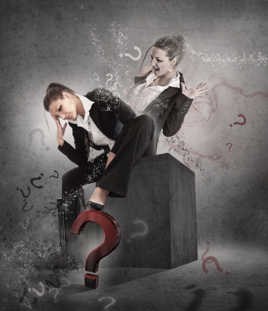 Woman - to be or not to be? Hesitation poster.の写真素材