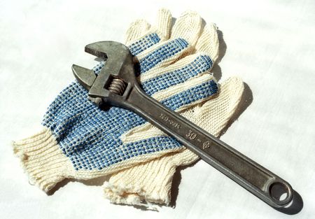 Two fabric gloves and adjustable spannerの写真素材