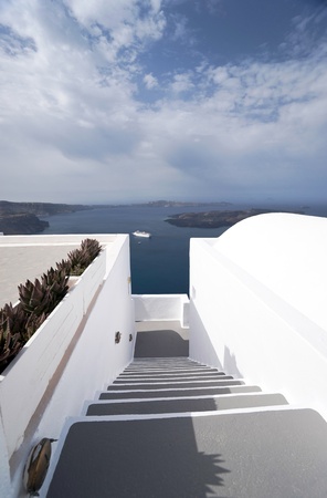Caldera view in Santorini island with Stairway to the buildings on the cliffの写真素材