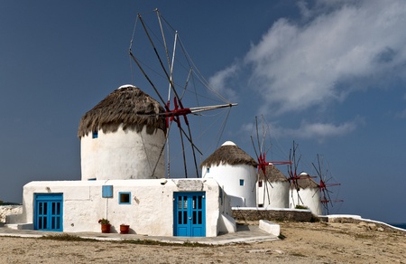 Famous windmills of Mykonos town on blue sky backgroundのeditorial素材