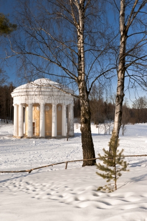 Classical rotunda with white columns in winter parkの写真素材