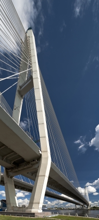 Cable-stayed Bolshoy Obukhovo bridge over Neva river in St Petersburgの写真素材