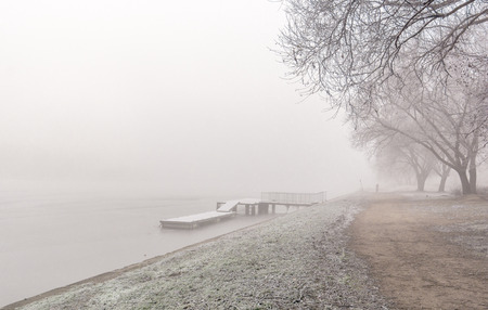 Winter mist in the park and over the riverの写真素材