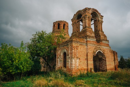 Abandoned ruins of the Church of the Assumption of the Blessed Virgin in the village Basovka, Voronezh region, Russiaの写真素材