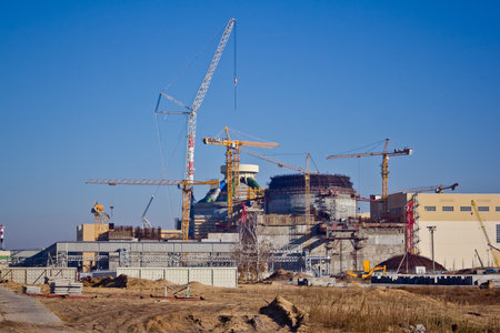 Construction site. Construction of a new nuclear power plant. Cranes are working at building