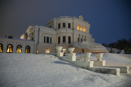 Central part of an ancient noble mansion in winter night. Estate Maryino, Kursk regionの写真素材