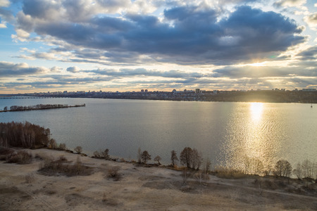 Sunset on the Voronezh water reservoir, view from the roofの写真素材