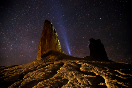 Rocks and cliffs in the desert canyon of Boszhira on background of the starry sky, chines of Ustyurt, Kazakhstanの写真素材