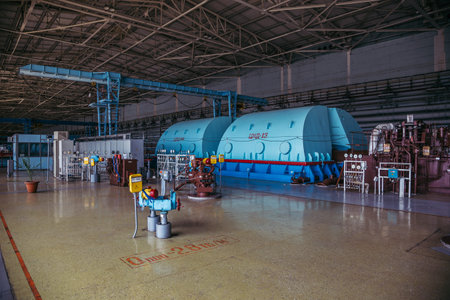 Turbo generator with hydrogen cooling at the machinery room of Nuclear Power Plant.