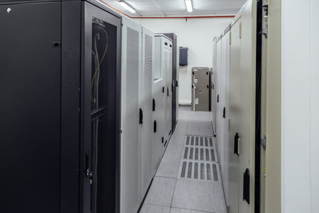 Switchgear room with cabinets with network hardware