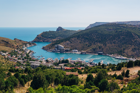 Beautiful view of the Black Sea and Balaklava Bay. Panorama view to city, ships and portの写真素材