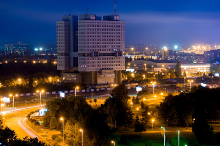 Aerial night Kaliningrad cityscape. View to Abandoned building House of Councils (House of Soviets)の写真素材