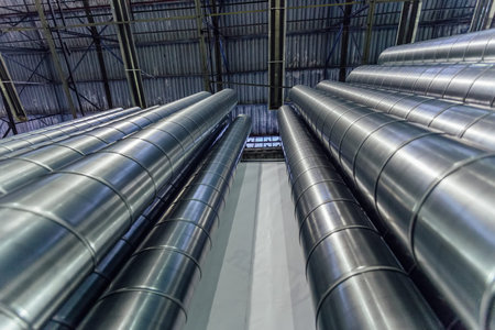 Steel pipes, parts for construction of ducts of industrial air condition system in warehouse. Bottom...