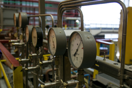 Closeup of manometer. System of  manometers for measuring gas pressure in gas distribution system in gas pipeline.の写真素材