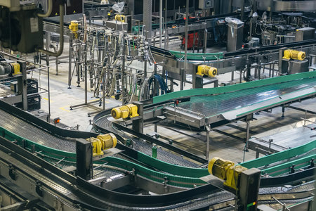 Aerial view to conveyor belts of production line.