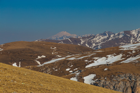 Mountain landscape. Caucasian mountain ridge with snow caps, Arkhyz, Russia.の写真素材