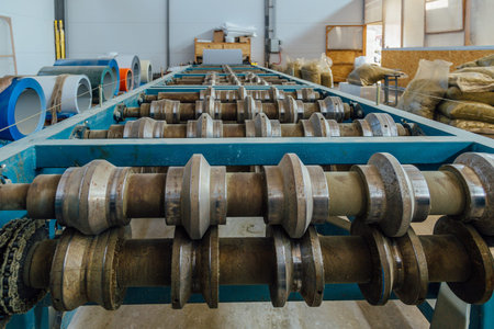 Profiling rolls of sheet forming machine close up.
