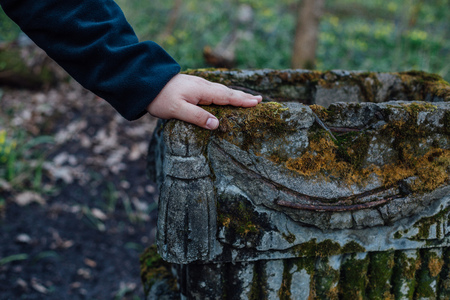 Close up of a man's hand on tombstone in old cemetery.の写真素材