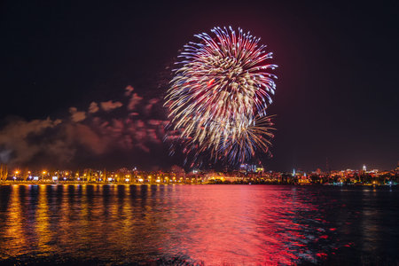 Firework over Voronezh river during celebration of Victory day anniversary festival.