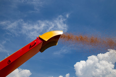 Pipe of working grain cleaner thrower loader machine.