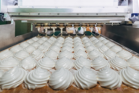 Confectionery factory. Zephyr and marshmallows production line machine, close-upの写真素材