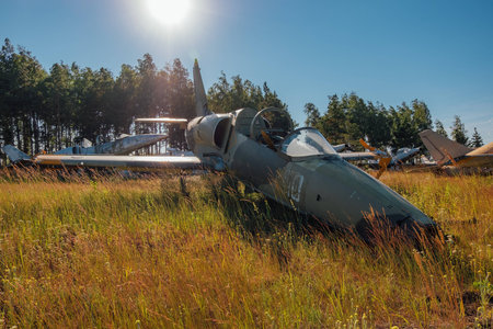 Abandoned broken old Soviet military fighter airplanes on grassy ground.