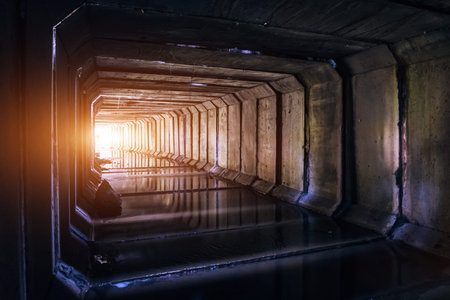 Flooded sewer tunnel is reflecting in water. Dirty urban sewage flowing throw rectangular sewer...